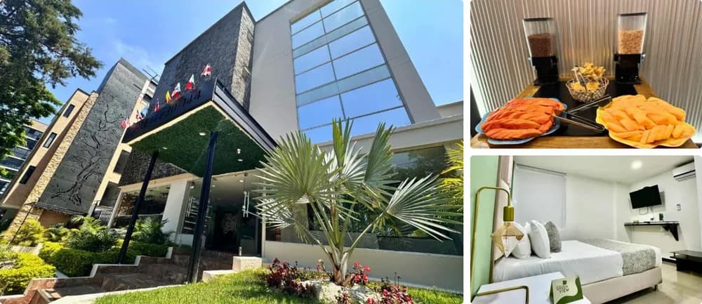 Photos of Hotel Greenview in Medellín: garden façade, fruit breakfast and a guest room.
