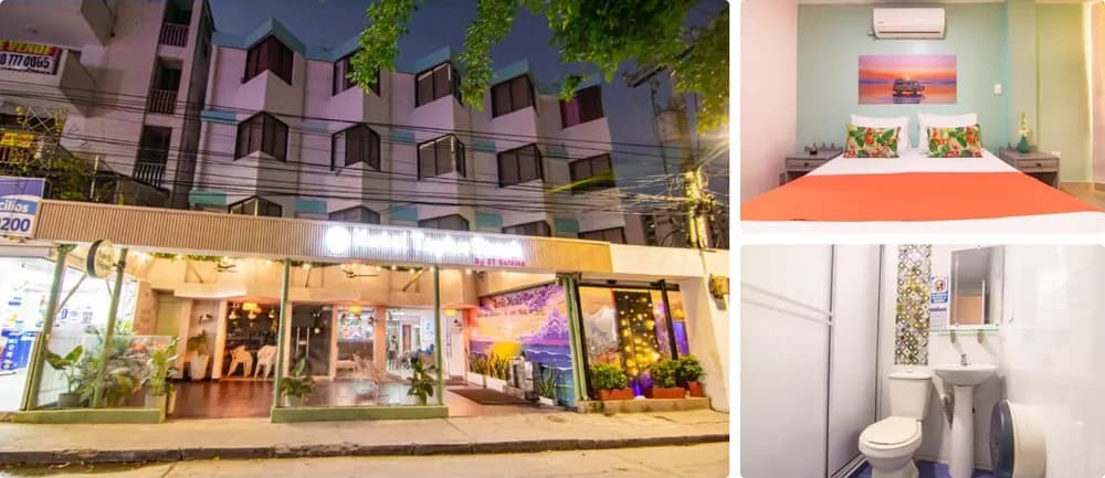 Photos of Taybo Beach in Santa Marta: façade lit up at night, double room and bathroom.