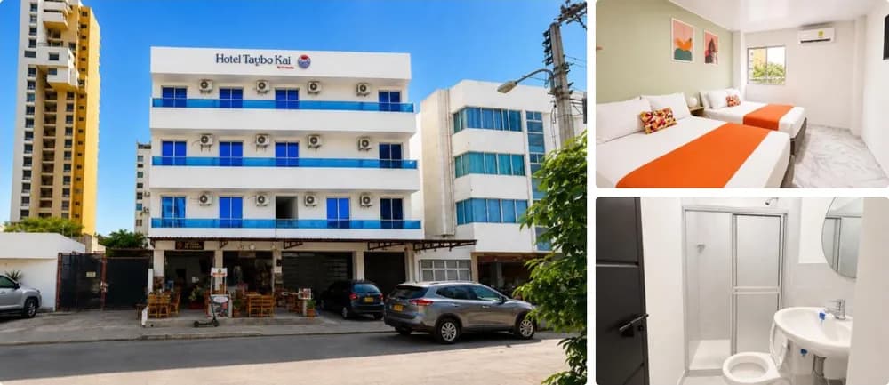 Photos of Taybo Kai in Santa Marta: hotel façade, room with two beds and bathroom.