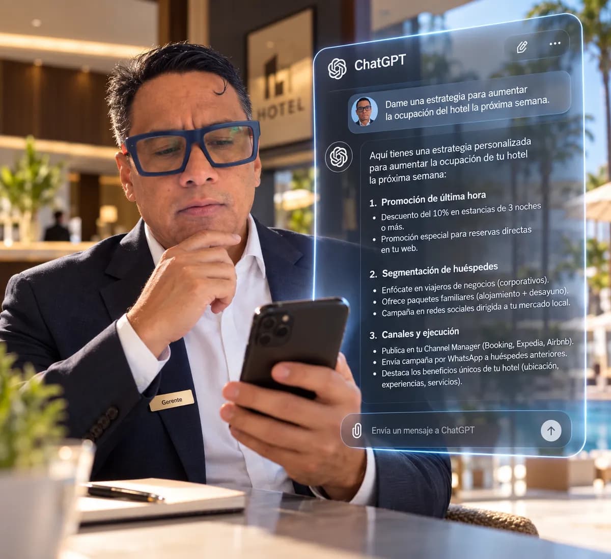 A hotel manager asks ChatGPT on a phone and gets a strategy to raise next week’s occupancy.